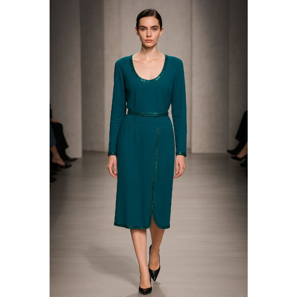 St. John Teal Sequin Long Sleeve Midi Dress Size 14 - Picture 1 of 12